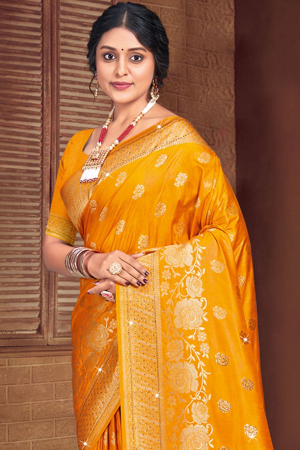 Mustard Yellow Silk Woven Work Saree