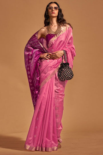Cherry Pink Handloom Weaving Silk Saree for Party