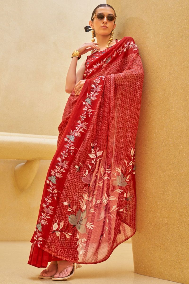 Cherry Red Georgette Saree with Floral Print