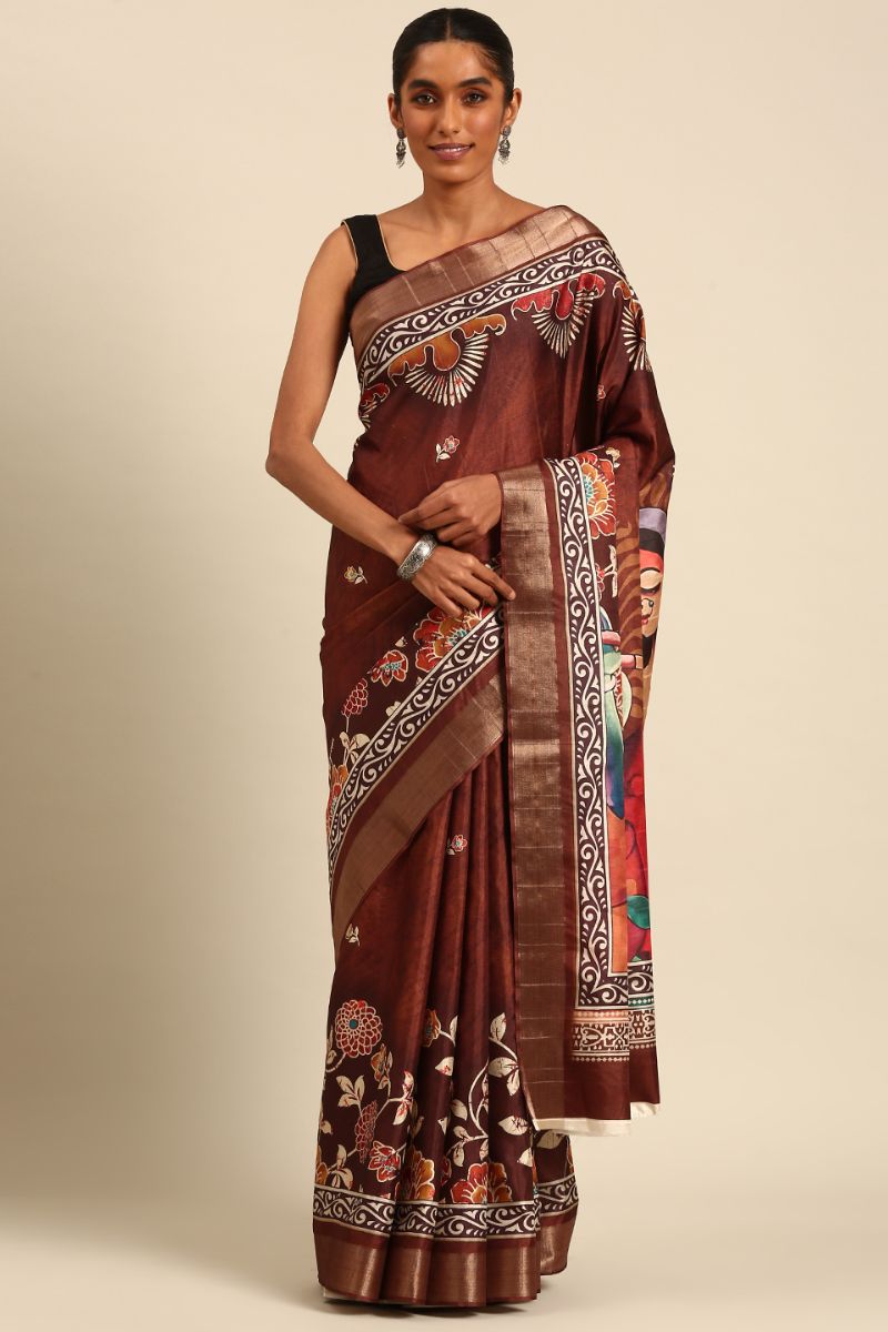 Chocolate Brown Cotton Digital Print Saree