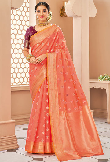 Coral Peach Silk Party Wear Saree with Contrast Blouse