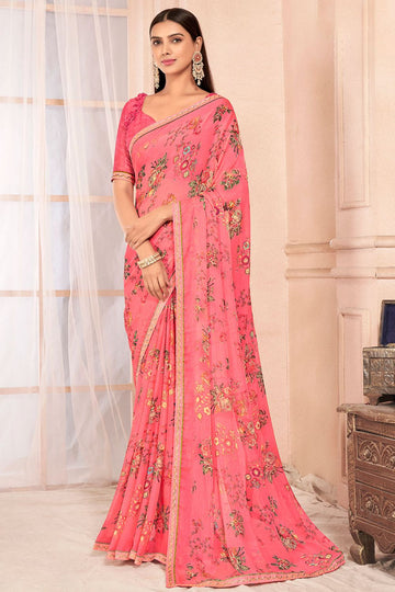 Coral Pink Chiffon Printed Casual Wear Saree