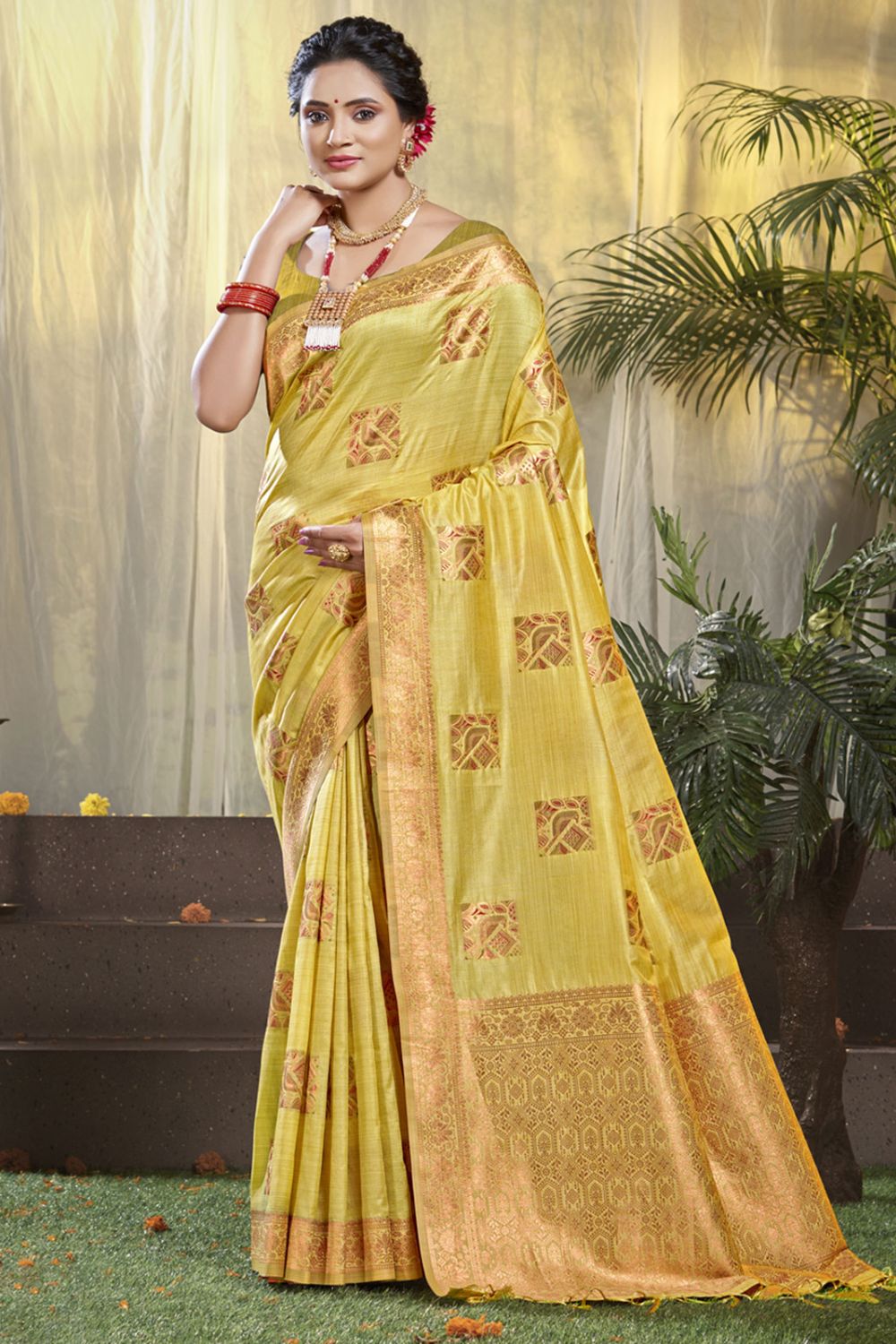 Corn Yellow Silk Woven Work Saree