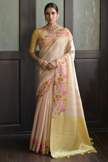 Cream Banarasi Silk Zari Woven Party Wear Saree