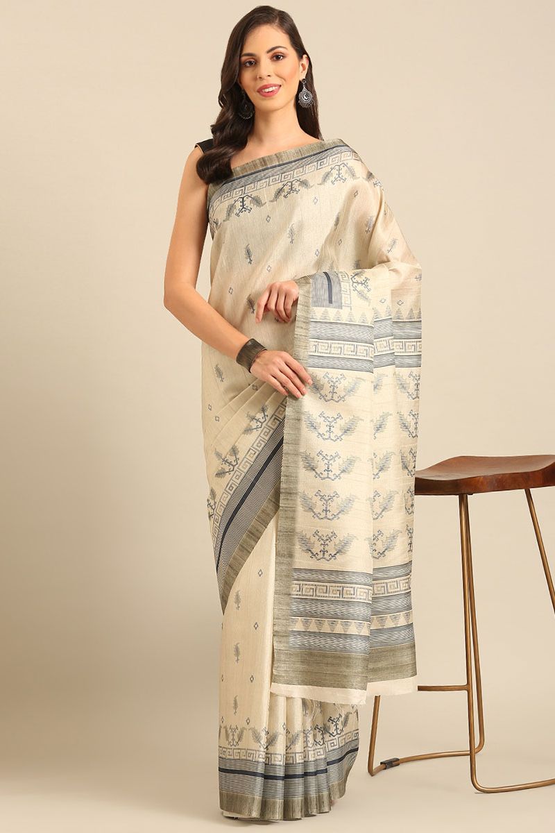 Cream Printed Cotton Saree