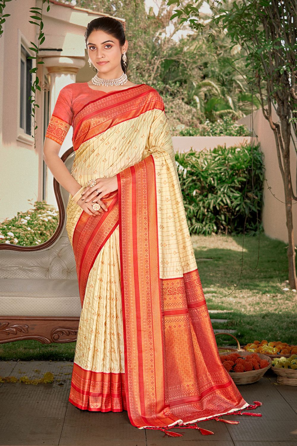 Cream Silk Zari Woven Saree