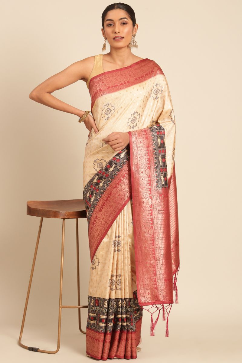 Cream Woven Silk Saree for Festival