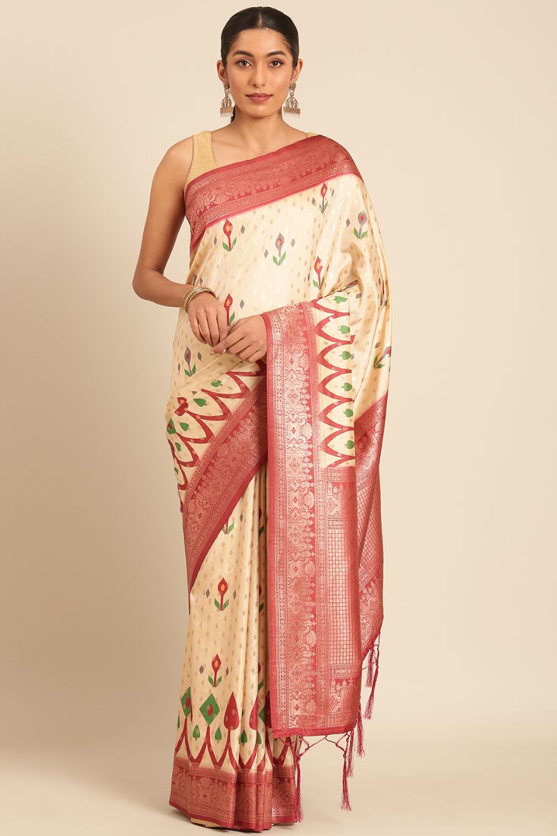 Cream Woven Silk Saree for Festival