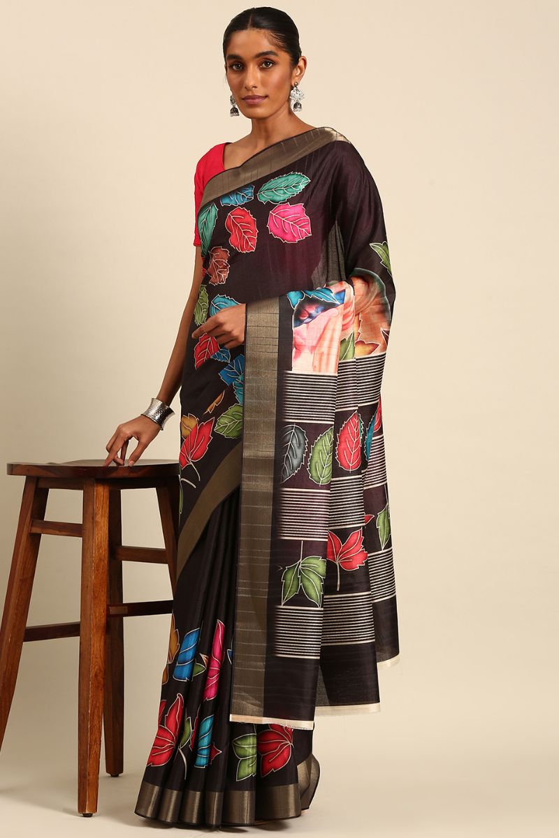 Dusty Black Cotton Digital Print Saree
