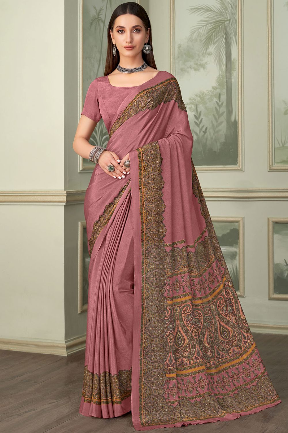 Dusty Pink Silk Crepe Saree with Digital Print