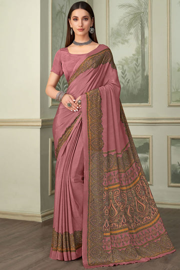 Dusty Pink Silk Crepe Saree with Digital Print