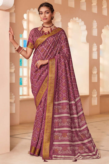 Dusty Pink Foil Print Silk Saree