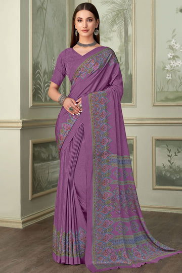 Dusty Purple Silk Crepe Saree with Digital Print