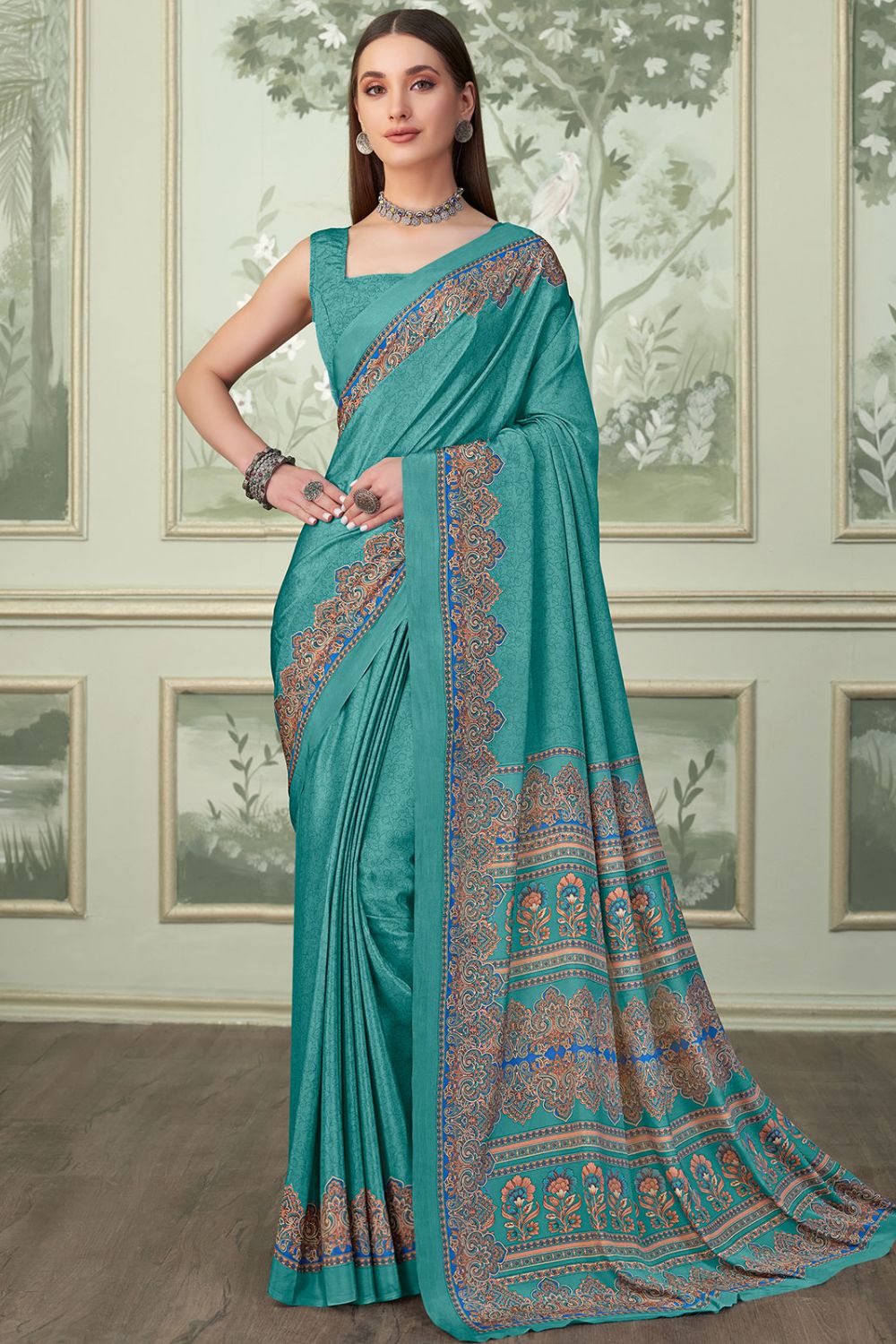 Firozi Silk Crepe Saree with Digital Print