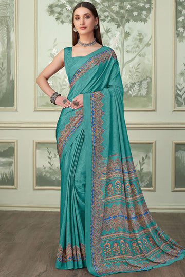 Firozi Silk Crepe Saree with Digital Print