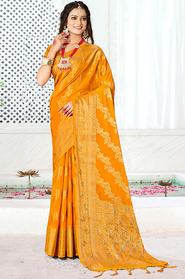 Golden Yellow Banarasi Silk Woven Saree for Festival