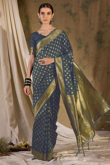 Grey Banarasi Silk Woven Saree for Festival