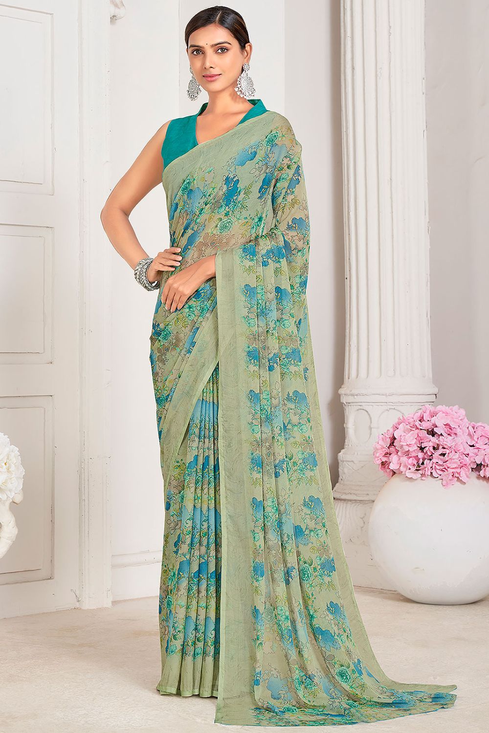 Grey Digital Printed Chiffon Casual Wear Saree