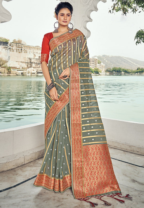 Grey Heavy Pallu Organza Saree for Festival