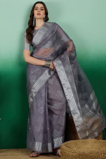 Grey Organza Woven Party Wear Saree