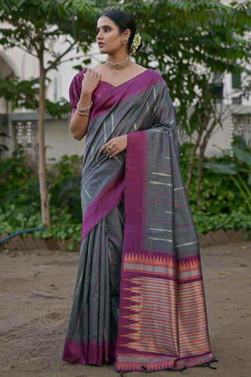 Grey Raw Silk Zari Woven for Party