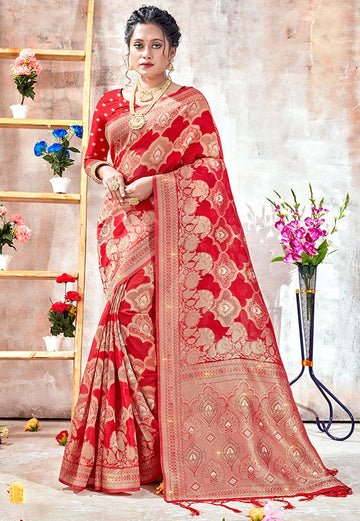 Hot Red Woven Organza Saree for Party