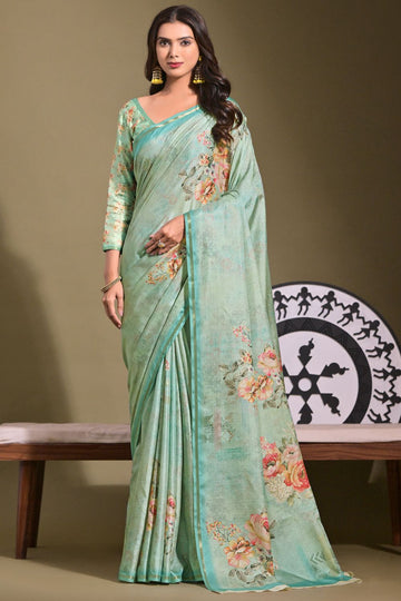 Ice Mint Floral Printed Tussar Silk Saree for Party