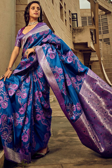 Indigo Blue Zari Woven Satin Brasso Party Wear Saree