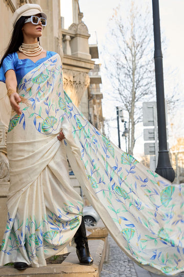 Ivory Digital Print Satin Crepe Saree for Party