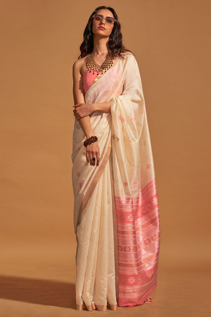 Ivory Handloom Weaving Silk Saree for Party