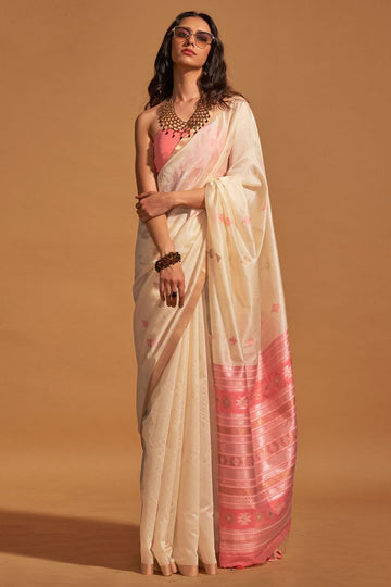 Ivory Handloom Weaving Silk Saree for Party