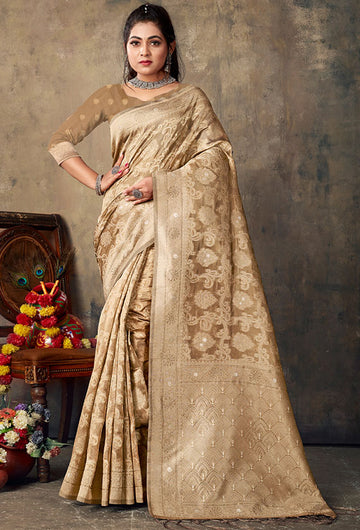 Khaki Brown Woven Organza Saree for Party