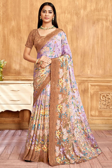 Lavender and Beige Silk Crepe Saree with Digital Print