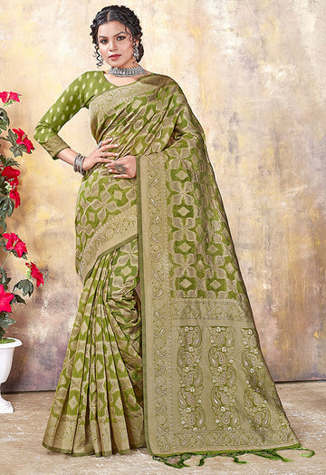 Leaf Green Woven Organza Saree for Party