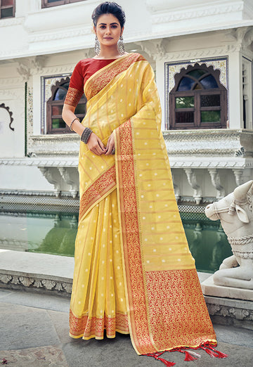 Lemon Yellow Heavy Pallu Organza Saree for Festival