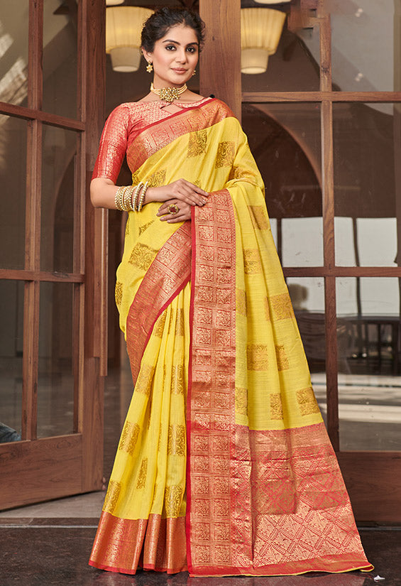 Lemon Yellow Weaving Pallu Linen Saree for Party