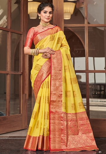 Lemon Yellow Weaving Pallu Linen Saree for Party