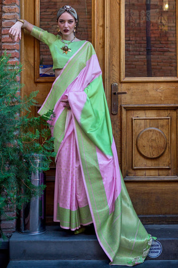 Lilac Pink and Pistachio Green Handloom Weaving Silk Saree for Party