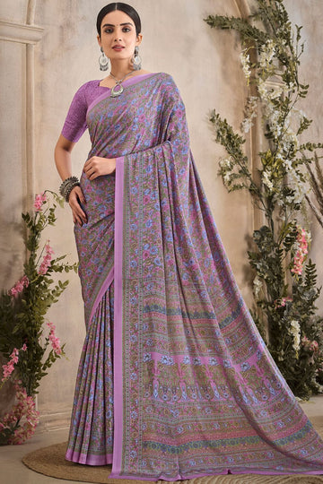 Lilac Pink Digital Print Silk Crepe Saree for Party
