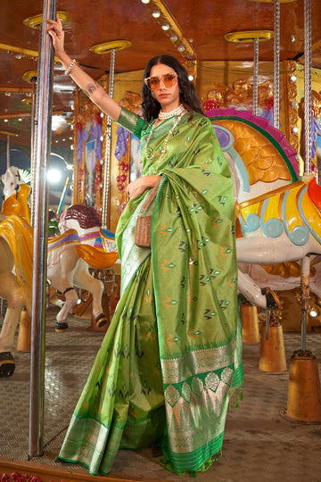 Lime Green Hand Woven Contrast Pallu Border Silk Saree for Festival
