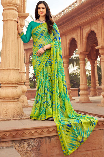 Lime Green Digital Print Chiffon Saree