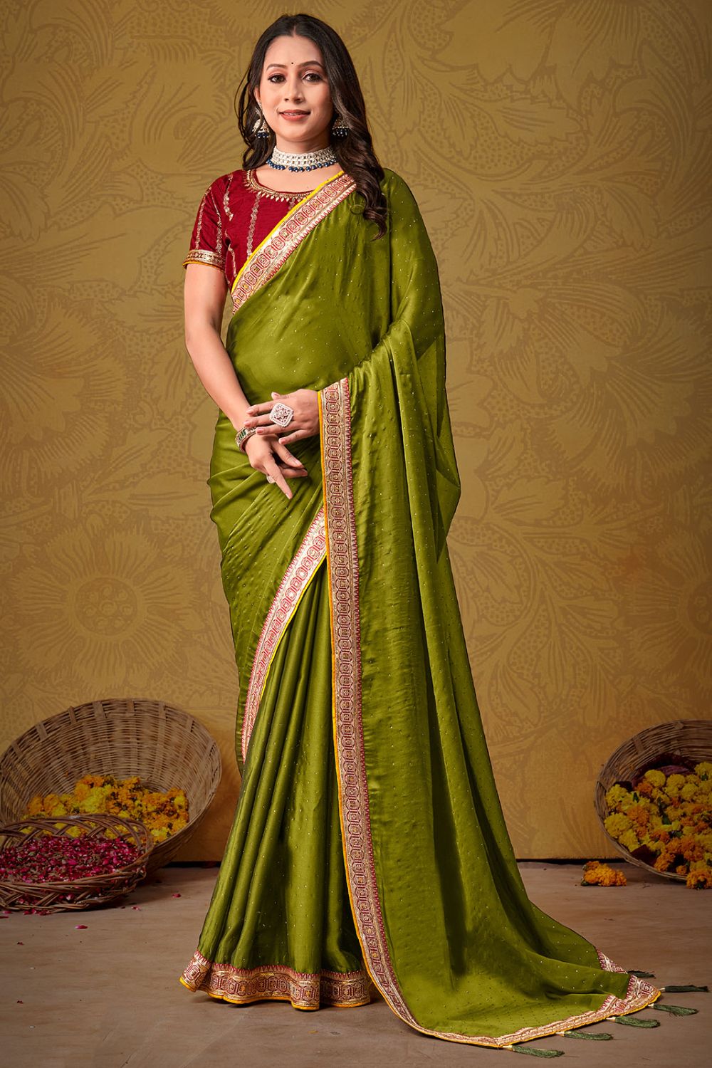 Lime Green Silk Saree for Ceremonial
