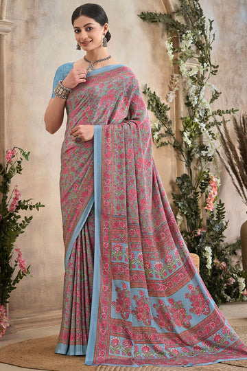 Livid Blue Digital Print Silk Crepe Saree for Party
