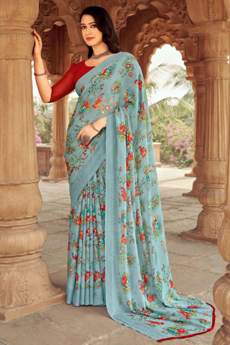 Livid Grey Floral Printed Chiffon Casual Wear Saree