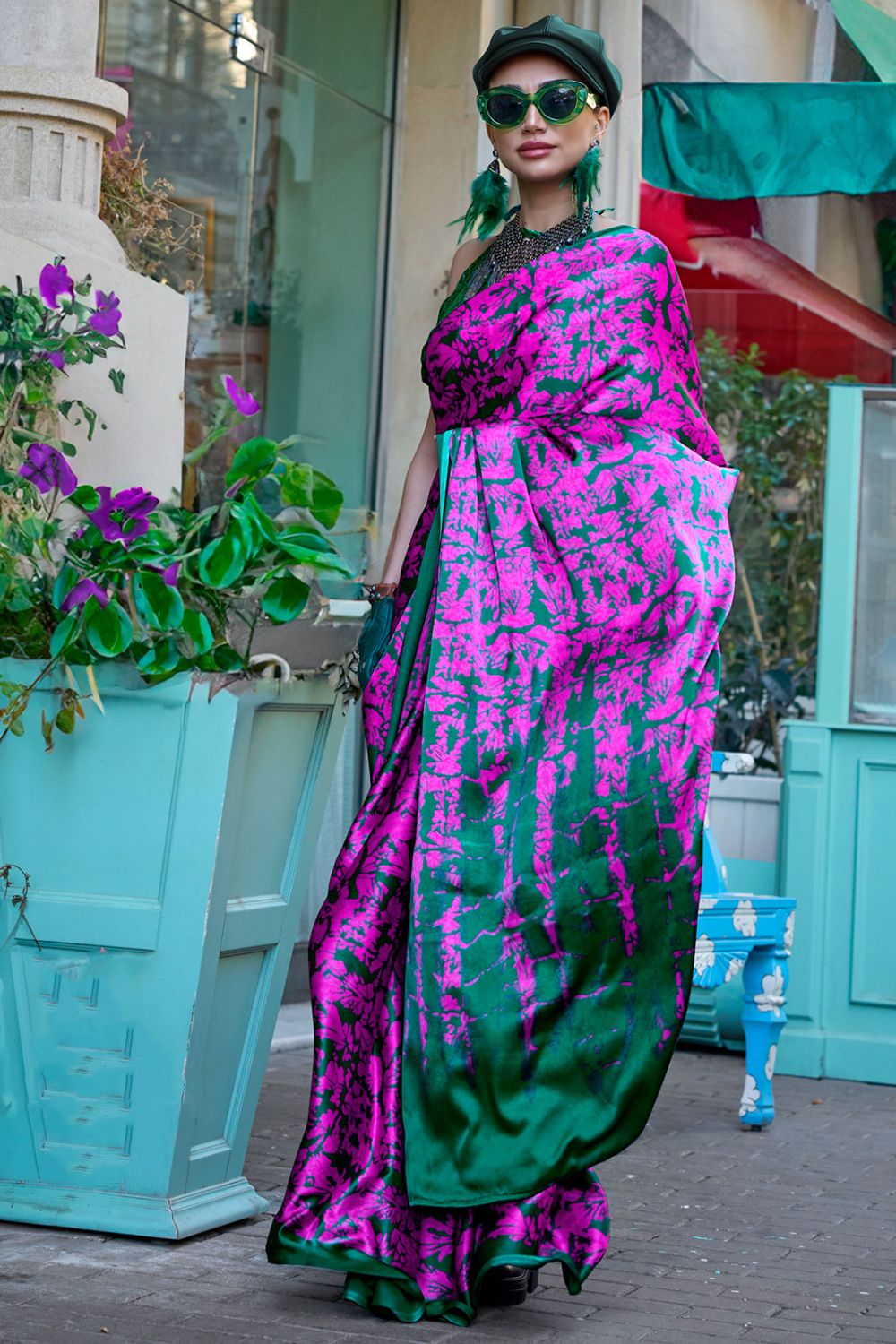Magenta Digital Print Satin Crepe Saree for Party