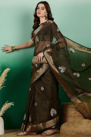 Mehndi Green Organza Woven Party Wear Saree