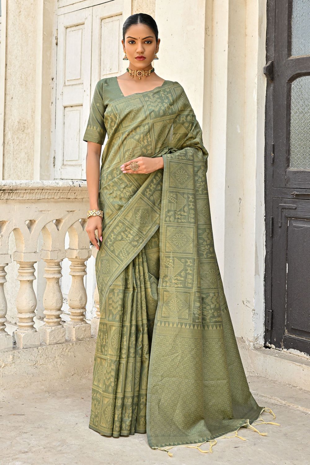 Mehndi Green Raw Silk Woven Party Wear Saree