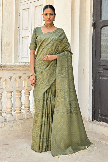 Mehndi Green Raw Silk Woven Party Wear Saree