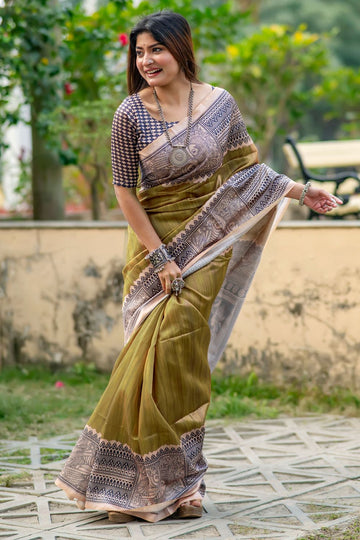 Mehndi Green Soft Tussar Silk Party Wear Saree