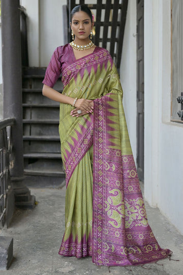 Mehndi Green Soft Tussar Silk Party Wear Saree